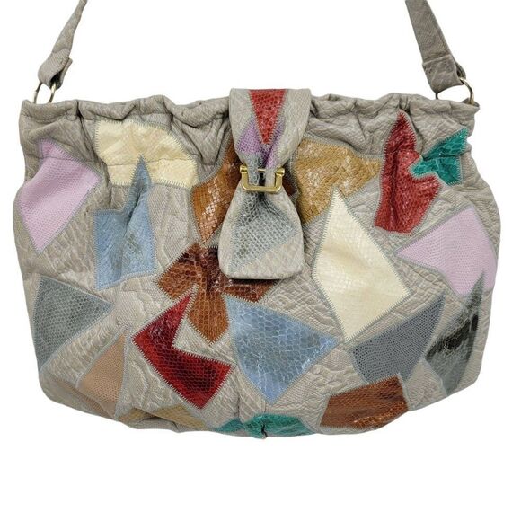 Vtg 80's Caprice Shoulder Bag Leather Boho Funky Patchwork Multicolor Large Gray - Picture 6 of 16
